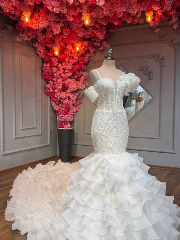Off-Shoulder Mermaid Wedding Dress with Layered Ruffle Skirt  Luxury Bridal  Gown - Hadassah Bridal House