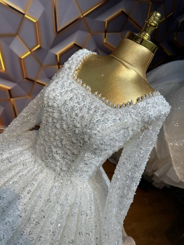 Long-Sleeve Beaded Square Neckline Wedding Dress – Luxury Bridal Gown